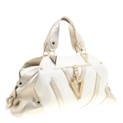 Versace White/Light Gold Canvas And Leather Satchel For Women -Versace Official Website luxury women versace used handbags p140354 0003