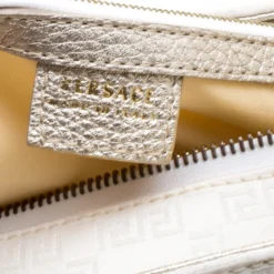 Versace White/Light Gold Canvas And Leather Satchel For Women -Versace Official Website luxury women versace used handbags p140354 0008