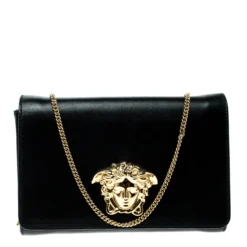 Versace Black Leather Evening Palazzo Chain Clutch For Women