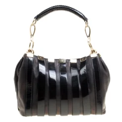 Versace Black Leather And Patent Stripe Logo Shoulder Bag For Women