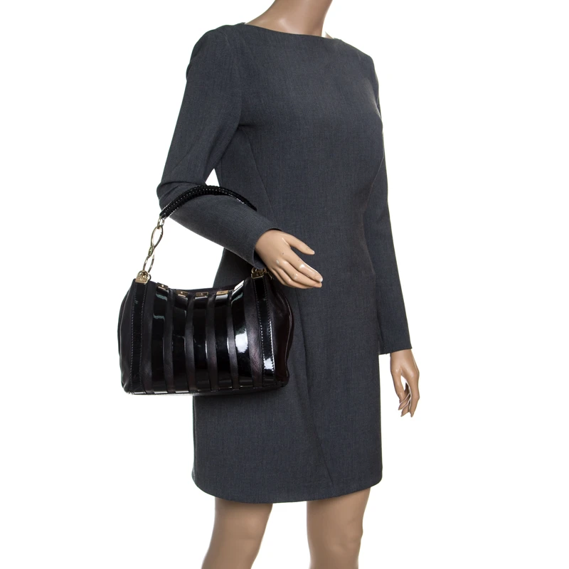 Versace Black Leather And Patent Stripe Logo Shoulder Bag For Women 2 Versace Black Leather And Patent Stripe Logo Shoulder Bag For Women - Image 2