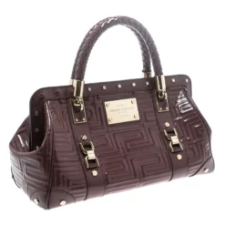 Versace Dark Beige Quilted Patent Leather Snap Out Of It Satchel For Women -Versace Official Website luxury women versace used handbags p150971 0003