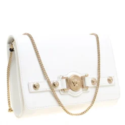 Versace White Leather Chain Clutch Bag For Women -Versace Official Website luxury women versace used handbags p152606 0003