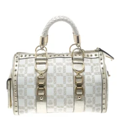 Versace White/Gold Fabric And Leather Snap Out Of It Satchel For Women -Versace Official Website luxury women versace used handbags p156167 0004