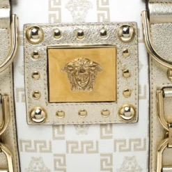 Versace White/Gold Fabric And Leather Snap Out Of It Satchel For Women -Versace Official Website luxury women versace used handbags p156167 0005