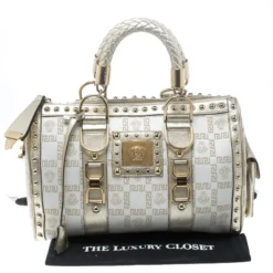 Versace White/Gold Fabric And Leather Snap Out Of It Satchel For Women -Versace Official Website luxury women versace used handbags p156167 0009