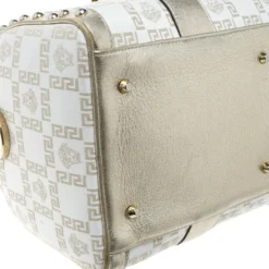 Versace White/Gold Fabric And Leather Snap Out Of It Satchel For Women -Versace Official Website luxury women versace used handbags p156167 0010