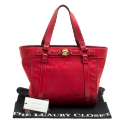 Versace Red Signature Fabric And Leather Tote For Women -Versace Official Website luxury women versace used handbags p157372 0009
