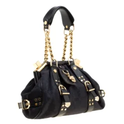 Versace Black Signature Fabric And Leather Madonna Boston Bag For Women -Versace Official Website luxury women versace used handbags p162628 007