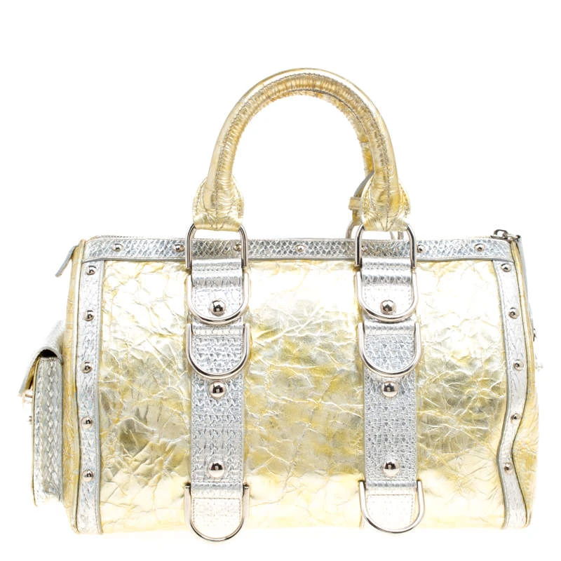 Versace Gold/Silver Ceramic Effect Leather Snap Out Of It Satchel For Women 1 Versace Gold/Silver Ceramic Effect Leather Snap Out Of It Satchel For Women