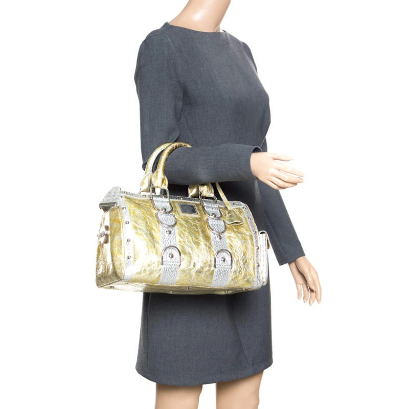 Versace Gold/Silver Ceramic Effect Leather Snap Out Of It Satchel For Women 2 Versace Gold/Silver Ceramic Effect Leather Snap Out Of It Satchel For Women - Image 2