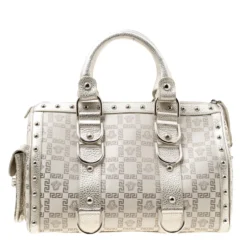 Versace Metallic Beige Signature Fabric And Leather Snap Out Of It Satchel For Women -Versace Official Website luxury women versace used handbags p175595 007