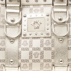 Versace Metallic Beige Signature Fabric And Leather Snap Out Of It Satchel For Women -Versace Official Website luxury women versace used handbags p175595 009