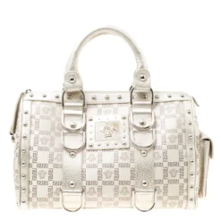 Versace Metallic Beige Signature Fabric And Leather Snap Out Of It Satchel For Women