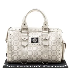 Versace Metallic Beige Signature Fabric And Leather Snap Out Of It Satchel For Women -Versace Official Website luxury women versace used handbags p175595 011