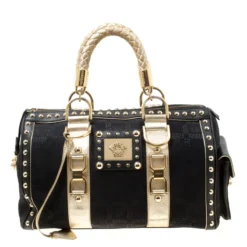 Versace Black Signature Fabric Studded Snap Out Of It Satchel For Women