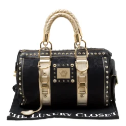 Versace Black Signature Fabric Studded Snap Out Of It Satchel For Women -Versace Official Website luxury women versace used handbags p178262 010