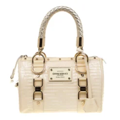 Versace Off White Quilted Patent Leather Small Snap Out Of It Satchel For Women