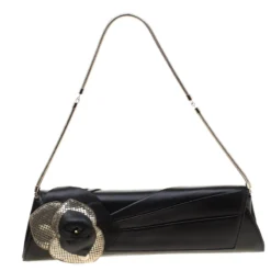 Versace Black Leather Flower Embellished Chain Clutch For Women