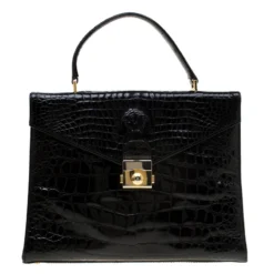 Versace Black Croc Embossed Leather Tote For Women