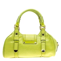 Versace Green Croc Embossed Leather Satchel For Women -Versace Official Website luxury women versace used handbags p184195 007