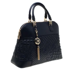 Versace Navy Blue Quilted Leather Athena Vanitas Top Handle Bag For Women -Versace Official Website luxury women versace used handbags p184796 007