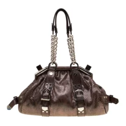 Versace Brown Snake Embossed Leather Madonna Boston Bag For Women -Versace Official Website luxury women versace used handbags p185392 004