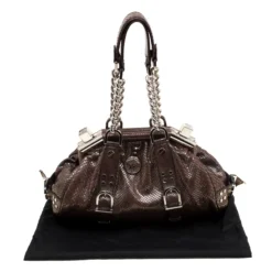Versace Brown Snake Embossed Leather Madonna Boston Bag For Women -Versace Official Website luxury women versace used handbags p185392 006