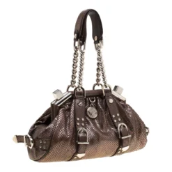 Versace Brown Snake Embossed Leather Madonna Boston Bag For Women -Versace Official Website luxury women versace used handbags p185392 007