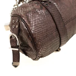 Versace Brown Snake Embossed Leather Madonna Boston Bag For Women -Versace Official Website luxury women versace used handbags p185392 010