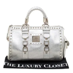 Versace Metallic Silver Leather Madonna Satchel For Women -Versace Official Website luxury women versace used handbags p186372 005