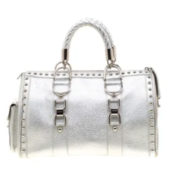 Versace Metallic Silver Leather Madonna Satchel For Women -Versace Official Website luxury women versace used handbags p186372 006