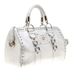 Versace Metallic Silver Leather Madonna Satchel For Women -Versace Official Website luxury women versace used handbags p186372 007