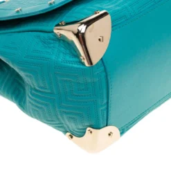 Versace Turquoise Leather Flap Shoulder Bag For Women -Versace Official Website luxury women versace used handbags p186377 001