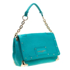 Versace Turquoise Leather Flap Shoulder Bag For Women -Versace Official Website luxury women versace used handbags p186377 008