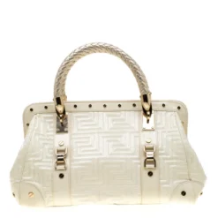 Versace Cream Quilted Patent Leather Snap Out Of It Satchel For Women -Versace Official Website luxury women versace used handbags p186517 005