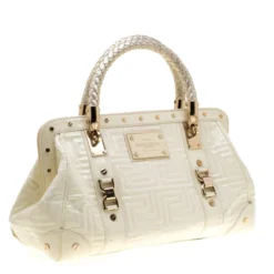 Versace Cream Quilted Patent Leather Snap Out Of It Satchel For Women -Versace Official Website luxury women versace used handbags p186517 006
