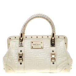 Versace Cream Quilted Patent Leather Snap Out Of It Satchel For Women