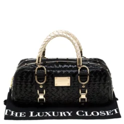 Versace Black Woven Patent Leather Snap Out Of It Satchel For Women -Versace Official Website luxury women versace used handbags p186599 002
