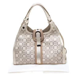 Versace Beige Metallic Canvas, Leather And Suede Trim Satchel For Women -Versace Official Website luxury women versace used handbags p197585 005