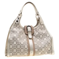 Versace Beige Metallic Canvas, Leather And Suede Trim Satchel For Women -Versace Official Website luxury women versace used handbags p197585 007