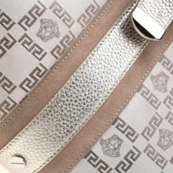 Versace Beige Metallic Canvas, Leather And Suede Trim Satchel For Women -Versace Official Website luxury women versace used handbags p197585 008