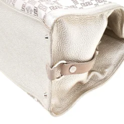 Versace Beige Metallic Canvas, Leather And Suede Trim Satchel For Women -Versace Official Website luxury women versace used handbags p197585 010
