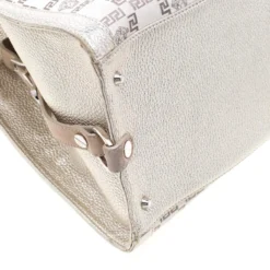 Versace Beige Metallic Canvas, Leather And Suede Trim Satchel For Women -Versace Official Website luxury women versace used handbags p197585 011