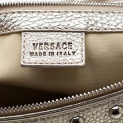 Versace Beige Metallic Signature Fabric And Leather Snap Out Of It Satchel For Women -Versace Official Website luxury women versace used handbags p199733 001
