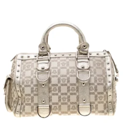 Versace Beige Metallic Signature Fabric And Leather Snap Out Of It Satchel For Women -Versace Official Website luxury women versace used handbags p199733 004