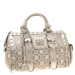 Versace Beige Metallic Signature Fabric And Leather Snap Out Of It Satchel For Women -Versace Official Website luxury women versace used handbags p199733 006