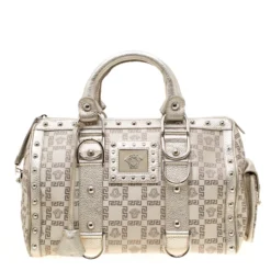 Versace Beige Metallic Signature Fabric And Leather Snap Out Of It Satchel For Women