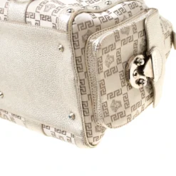 Versace Beige Metallic Signature Fabric And Leather Snap Out Of It Satchel For Women -Versace Official Website luxury women versace used handbags p199733 009