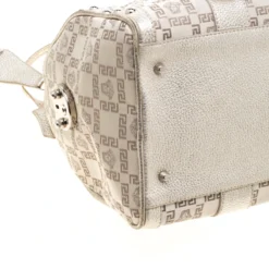 Versace Beige Metallic Signature Fabric And Leather Snap Out Of It Satchel For Women -Versace Official Website luxury women versace used handbags p199733 010